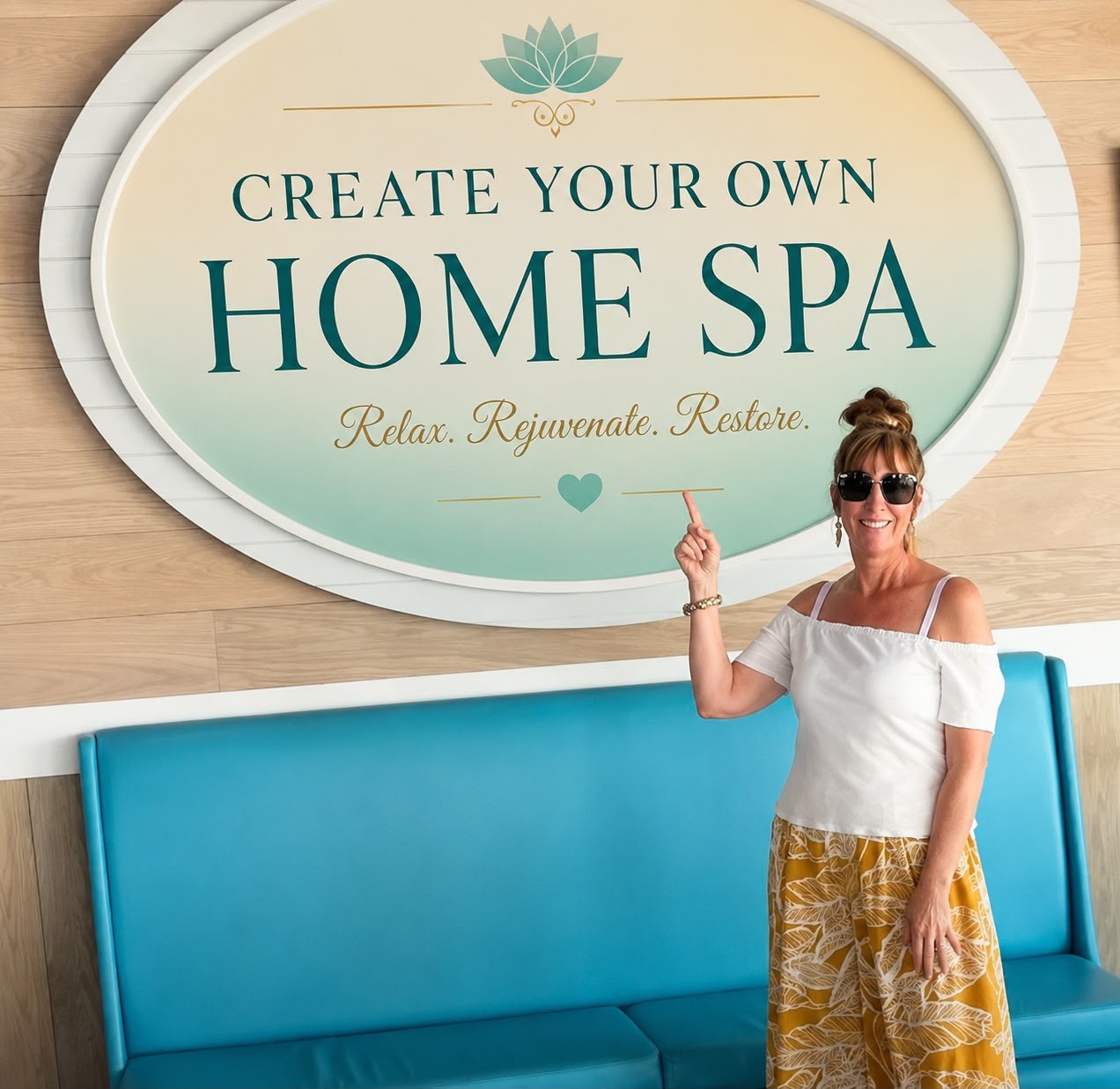 Wendy at the Create Your Own Home Spa sign